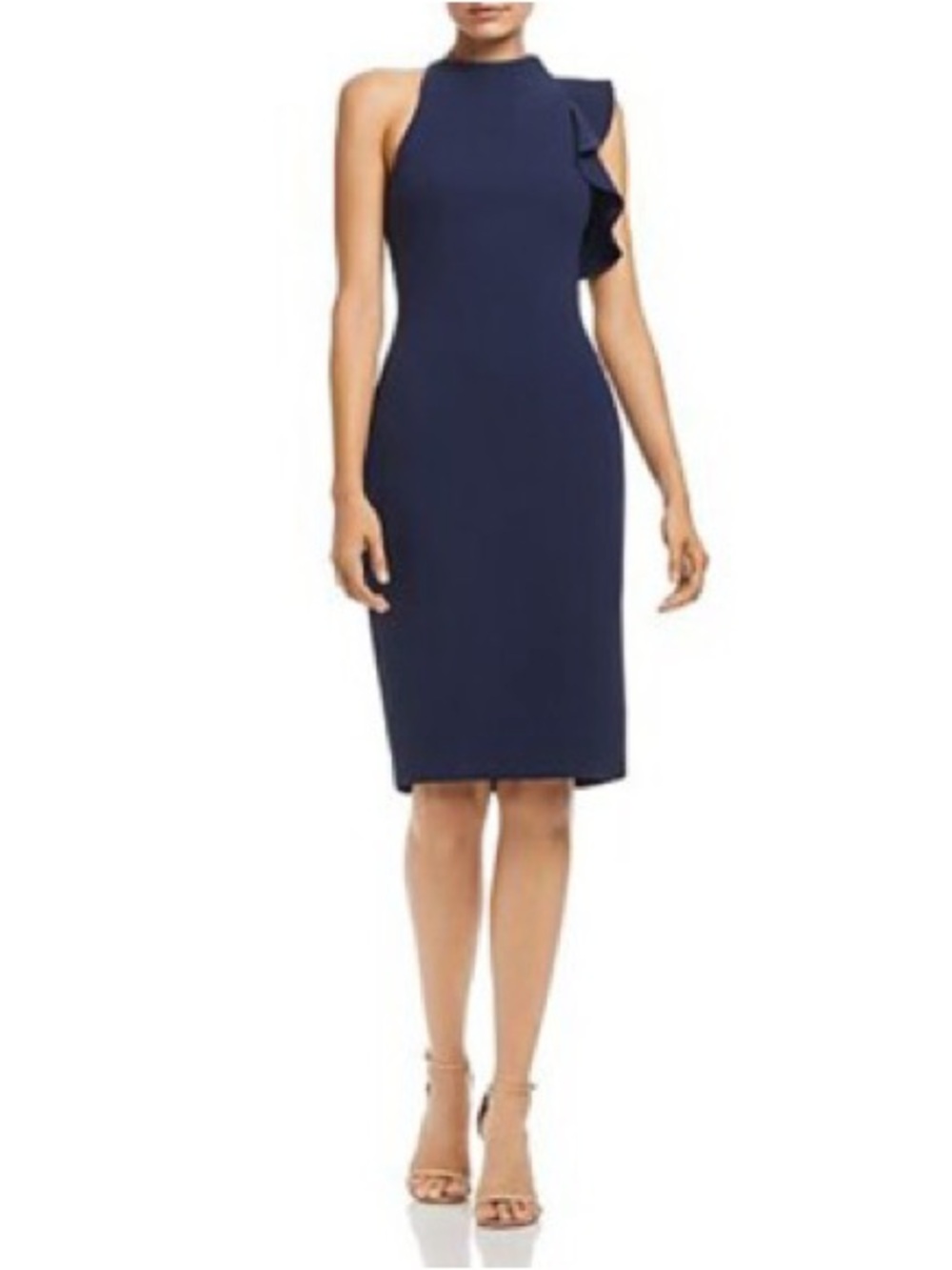 BLACK HALO navy one shoulder ruffle sheath dress / size 8